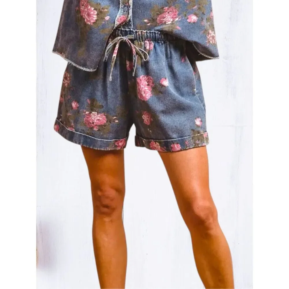BiBi Floral Denim Short High Rise Drawstring Pink Rose Print Relaxed Fit Pockets - Picture 3 of 12